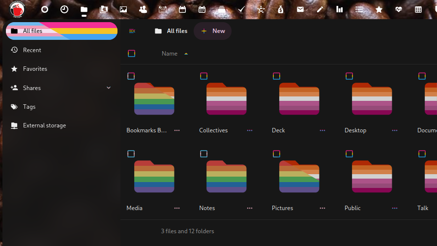 Nextcloud showing various elements in pan, trans, lesbian and rainbow pride flags